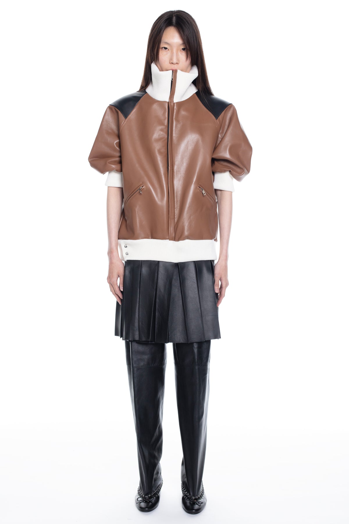 LEATHER BOMBER DRESS in brown